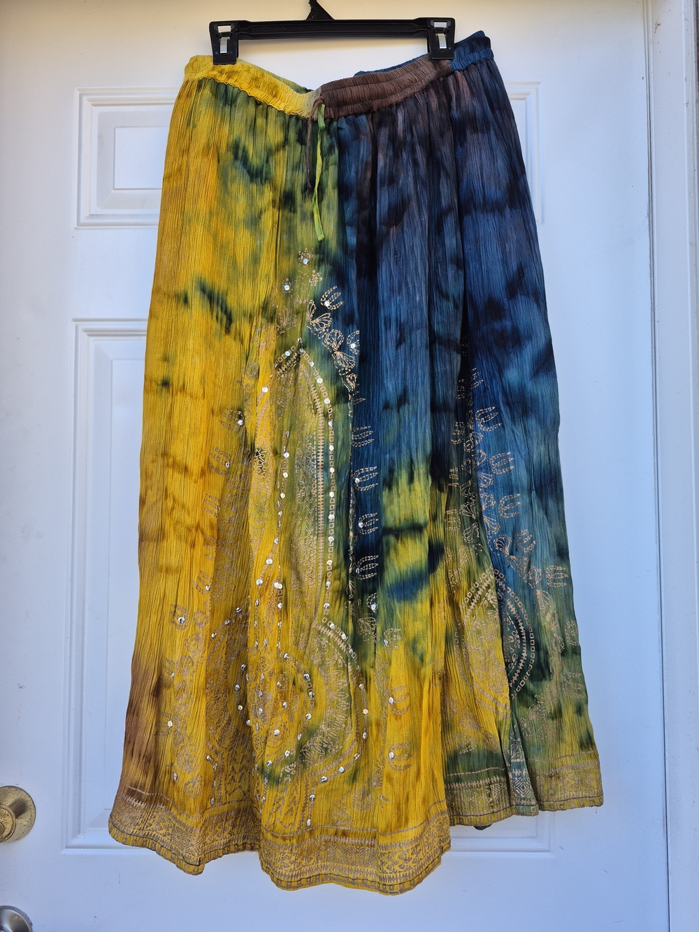 XL Boho Hippie Tie-Dye Sequin Embellished Maxi Skirt - Yellow Blue Brown Green